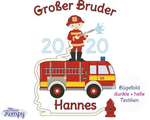Feuerwehr (834) Bügelbild Großer / Kleiner Bruder Aufbügler Bügeltransfer a5
